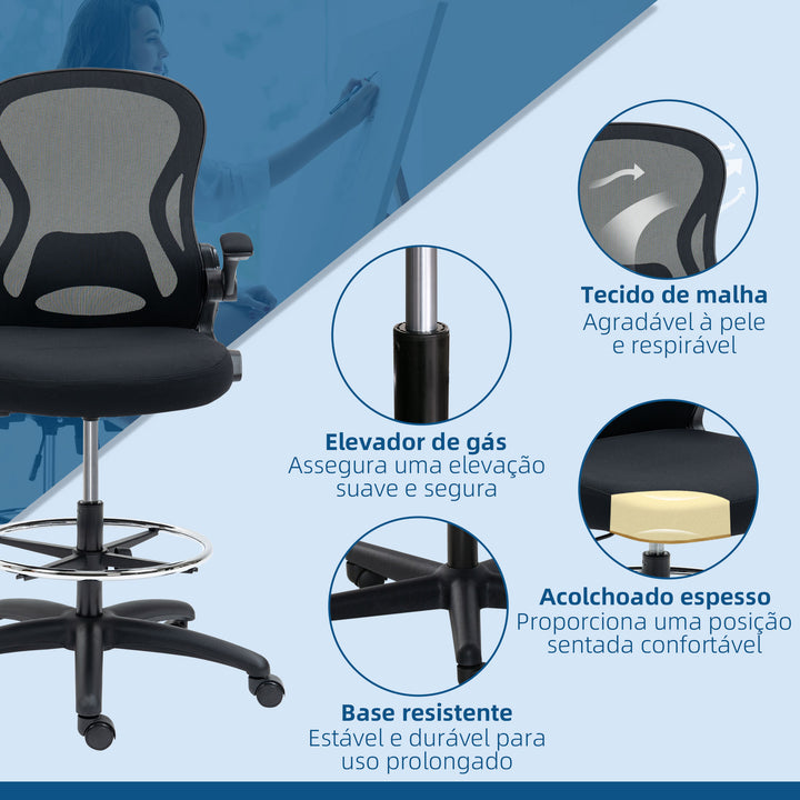 Cadeira de Escritório com Encosto Médio Suporte Lombar Apoio para os Braços Dobrável e Altura Ajustável Carga Máxima 120kg 59x65x110-130cm Preto