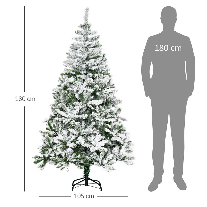 Árvore de Natal Artificial 180cm com Neve Ignífugo com 750 Ramos Folhas de PVC Base Dobrável e Suporte Metálico Decoração de Natal para Interiores Verde