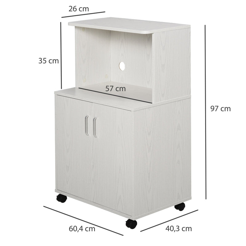 Aparador Auxiliar para Microondas Armário de Cozinha Baixo com Armário de 2 Portas e Prateleira Ajustável com Rodas Carga 70 kg 60,4x40,3x97 cm Branco