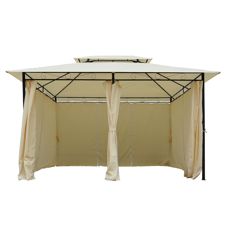 Pérgola de jardim 3x4 m estrutura de aço telhado Duplo 6 Cortinas Laterais 8 Orifícios de Drenagem Boa Ventilação para Festas Eventos Creme
