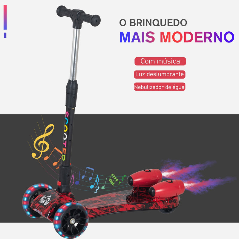 trotinete dobrável para crianças acima de 3 anos com altura ajustável em 4 níveis luzes musica e Nevoeiro de água 61x26x63-81 cm Vermelho