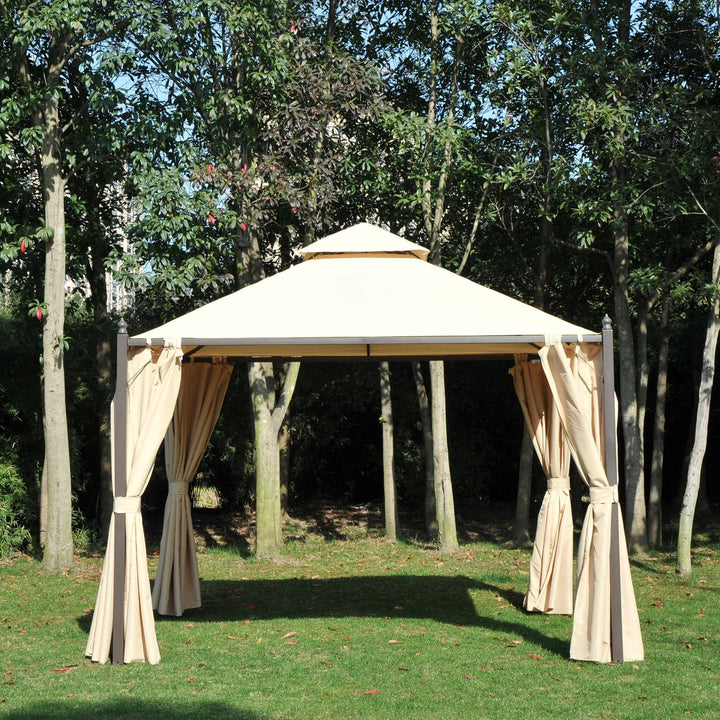 Pérgola de jardim 3x3m com telhado duplo 4 cortinas laterais Espaçoso para eventos bege