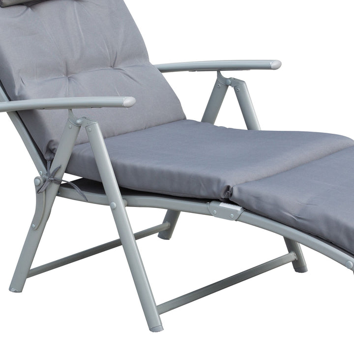 Espreguiçadeira Dobrável de Jardim com Encosto Ajustável em 7 Posições Almofada e Apoio para a Cabeça Acolchoados para Terraço Piscina Exterior Carga Máxima 165kg 137x63,5x100,5cm Cinza