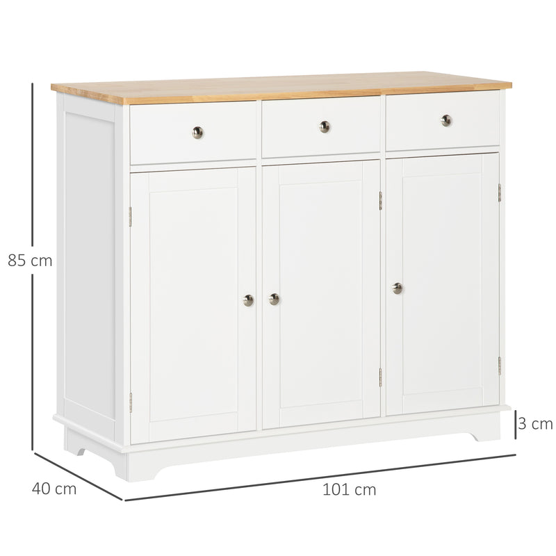 Aparador de Cozinha com 3 Gavetas 3 Portas e Prateleiras Ajustáveis Móvel Auxiliar de Armazenamento para Cozinha Sala de Estar Estilo Moderno Anti-Rolamento 101x40x85cm Branco