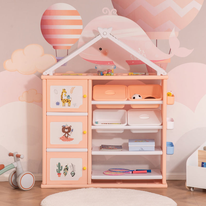 Estante Infantil de Brinquedos com Armário Prateleiras 4 Caixas e 3 Cestas Organizadoras de Armazenamento para Habitação de Crianças Sala de Jogos 128x34x155cm Laranja