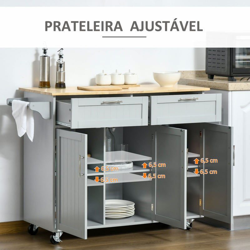 Carrinho de Cozinha com Rodas Carrinho de Cozinha Multiuso com 2 Gavetas 3 Portas Prateleiras Ajustáveis e Barra para Sala de Jantar 121x46x91cm Cinza e Madeira