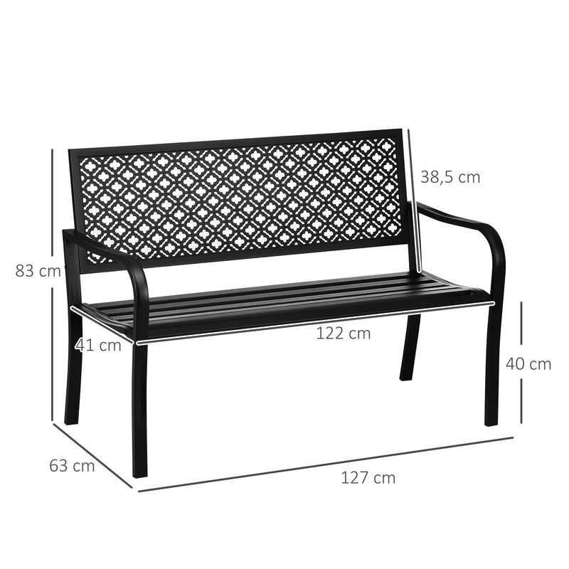 Banco de Jardim de Aço Banco de Exterior de 2 Lugares com Encosto Decorativo para Terraço Varanda Pátio Carga Máxima 240kg 127x63x83cm Preto