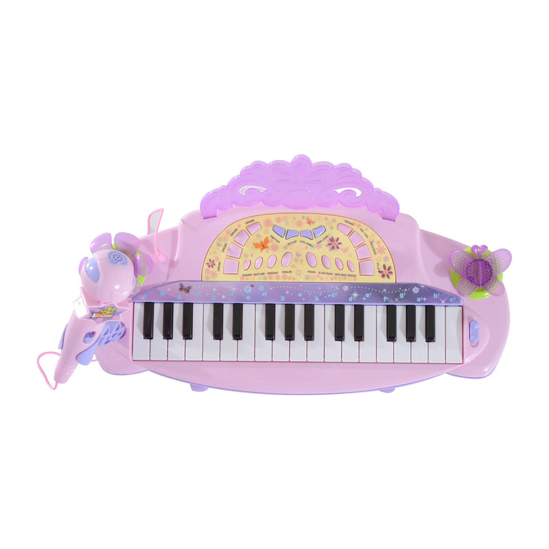 Órgão Eléctrico Infantil 37 Teclas Piano Infantil com Microfone Banquinho Luzes Ritmos Sons MP3 Karaoke Modo Aprender Rosa