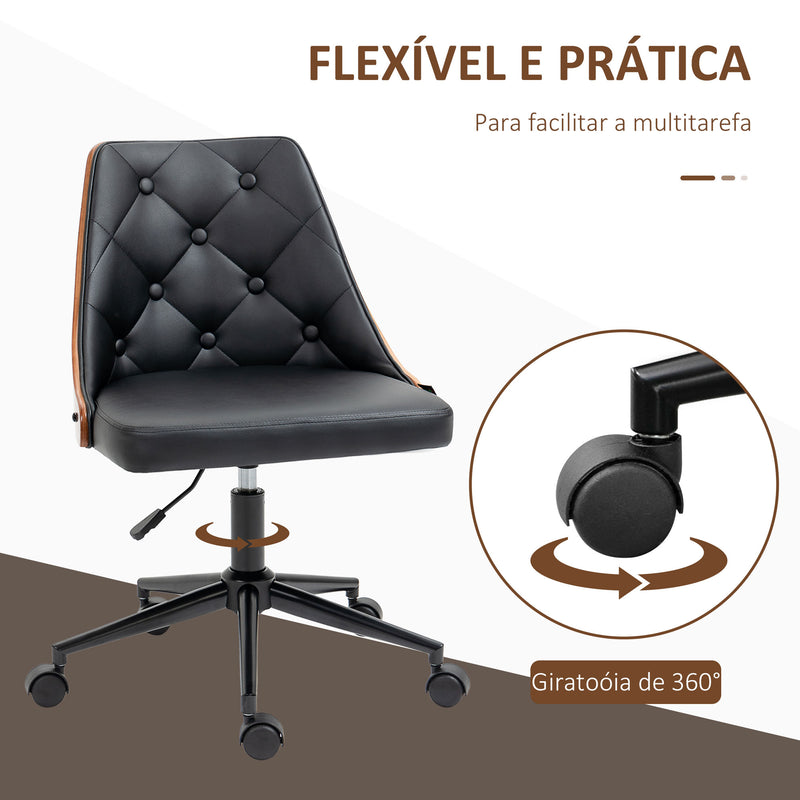 Cadeira de Escritório Giratória Cadeira de Escritório Ergonómica Estofada em Couro PU com Altura Ajustável Função de Inclinação para Sala de Estar Estúdio Dormitório 54x54,5x76-86cm Preto e Nogueira