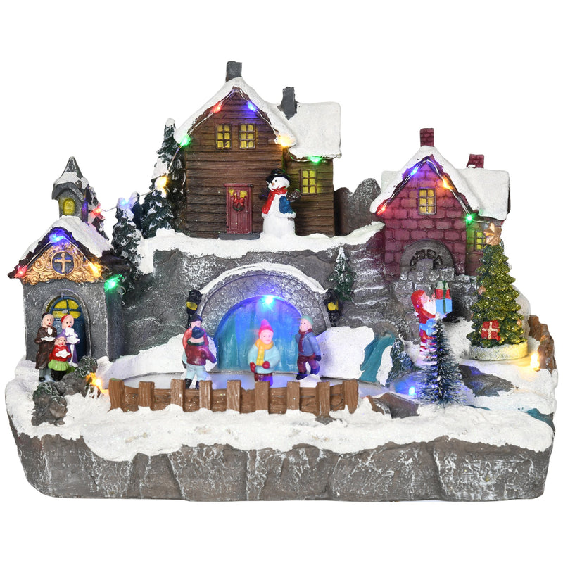 Aldeia de Natal Cena Decorativa de Natal Iluminada com Luzes LED Árvore Giratória e Pista de Patinagem Decoração de Natal de Mesa 32x25,5x24cm Multicor