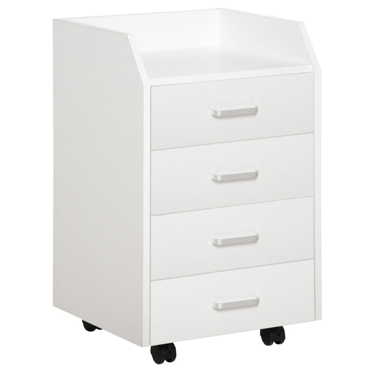 Bloco de Gavetas Móvel Auxiliar com 4 Gavetas Bancada Superior de Armazenamento 4 Rodas e 2 Freios para Estúdio Escritório 40x36x65cm Branco