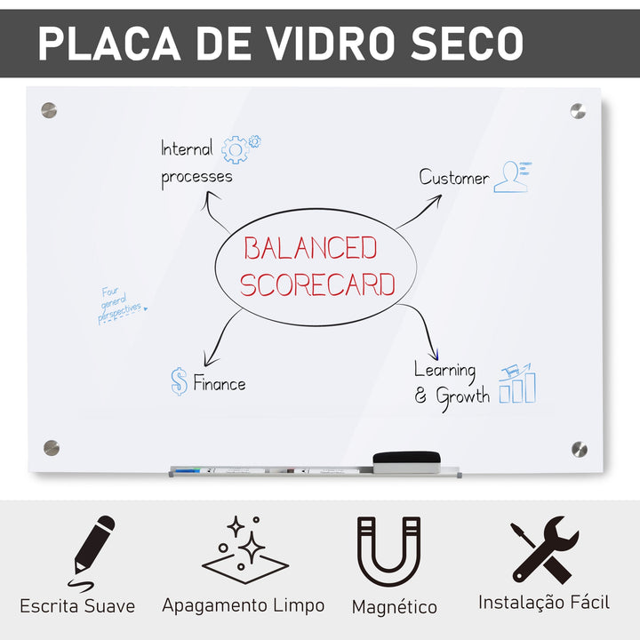 Placa de vidro magnético com bandeja Inclui 4 marcadores e borracha 90x60x0,45 cm Branco