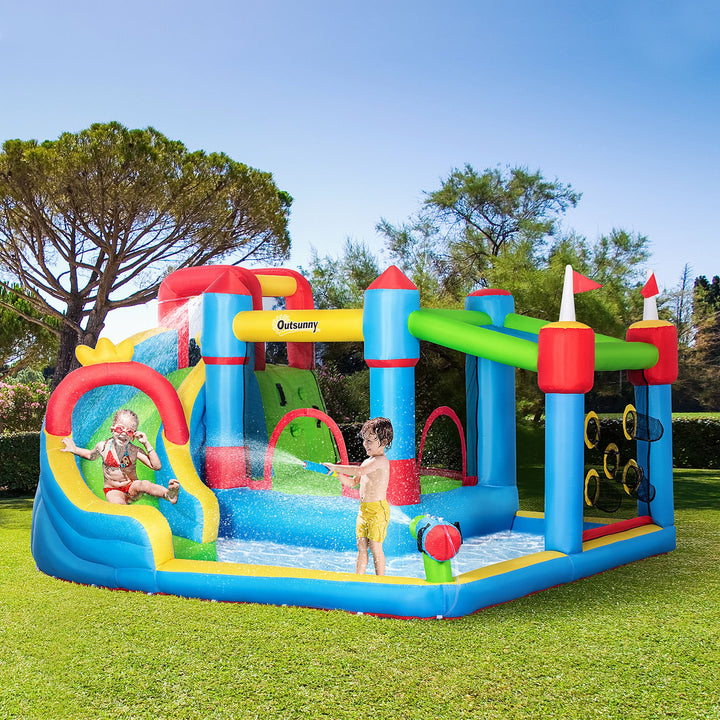 Castelo Insuflável Infantil com Escorrega Castelo Insuflável para Crianças de 3-8 Anos com Trampolim Piscina Insuflador e Bolsa de Transporte 390x300x197cm Multicolorido