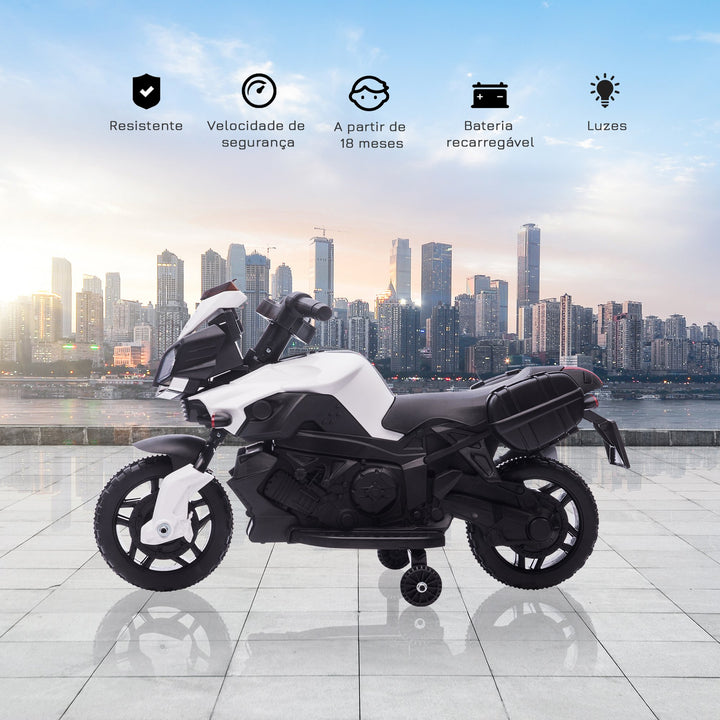 Moto Elétrica para Crianças a partir de 18 Meses 6V com Faróis Buzina 2 Rodas de Equilibrio Velocidade Máx. de 3km/h Motocicleta de Brinquedo 88,5x42,5x49cm Branco