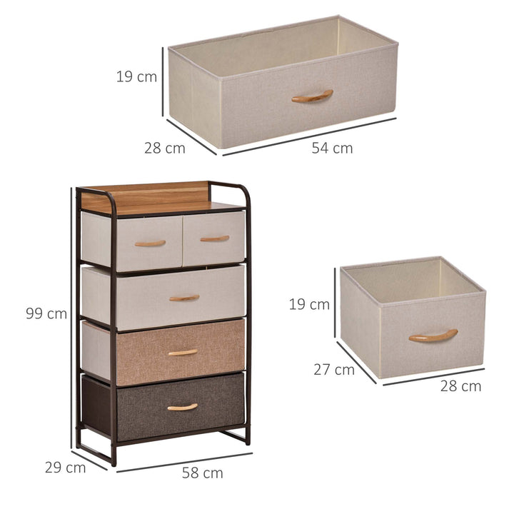 Cómoda de Tecido com 5 Cestos Removíveis e Dobráveis Base Elevada Móvel de Armazenamento para Dormitório Sala de Estar 58x29x99cm Multicor