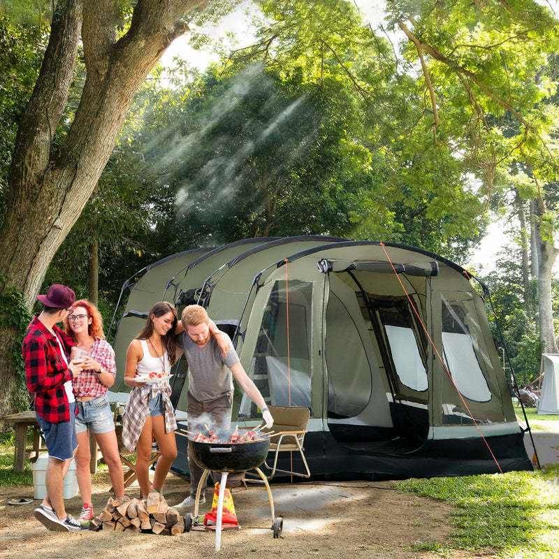 Tenda de Campismo Familiar 6 Pessoas Tenda Campismo Impermeável PU3000mm com 3 Portas 6 Janelas Bolsos de Arrumação e Bolsa de Transporte 455x320x215cm Verde