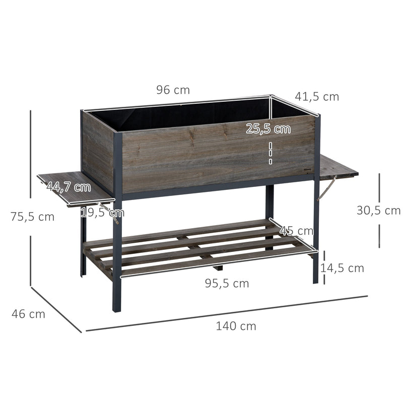 Horta Vertical Elevada de Madeira 140x46c75,5cm Mesa de Cultivo de Jardim com 2 Prateleiras Laterais Prateleira Inferior e 2 Orifícios de Drenagem para Plantas Flores Cinza