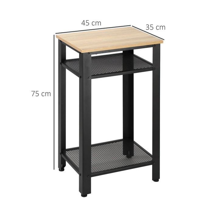 Mesa Auxiliar Mesa de Cabeceira Estilo Industrial com 2 Prateleiras de Grade de Metal e Pés Ajustáveis 45x35x75cm Carvalho e Branco