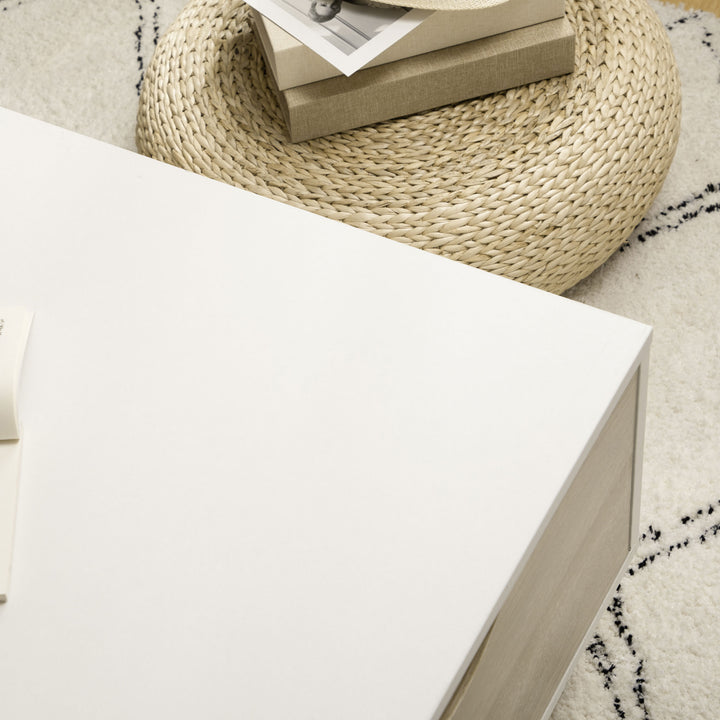 Mesa de Centro Retangular Mesa de Sala de Estar com 2 Gavetas e Compartimentos Abertos Estilo Nórdico para Escritório Dormitório Estúdio 106x58x39,5cm Branco e Madeira