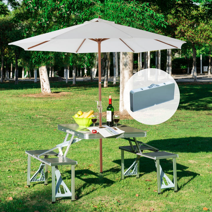 Mesa de piquenique dobrável com 4 lugares e furo para guarda-sol para Camping - Alumínio - 85,5x67,5x66,5 cm