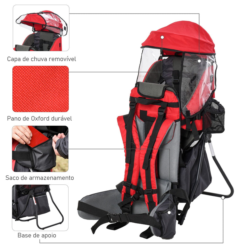 Mochila Porta Bebés Dobrável Mochila Porta Bebés Ergonómica com Capa Impermeável Base de Suporte e Múltiplos Bolsos para 6-36 Meses Carga Máxima 15kg 38x77x87,5cm Vermelho