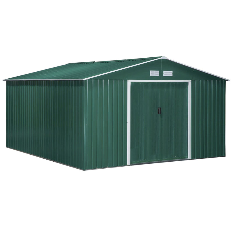 Abrigo de Jardim Metálico 340x386x200cm Abrigo de Exterior para Armazenamento de Ferramentas com Base Incluida 4 Janelas de Ventilação e Porta Corredeira Verde