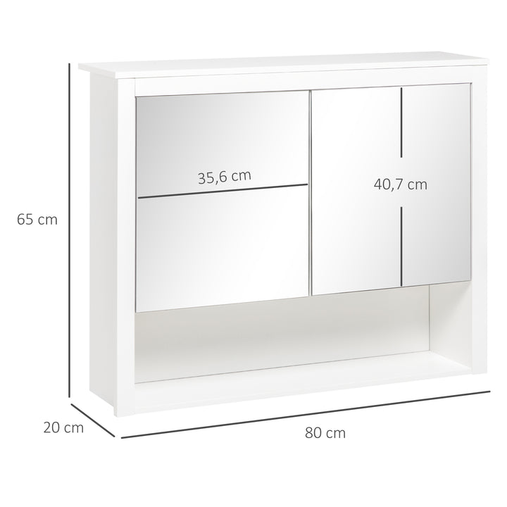 kleankin Armário de Parede para Casa de Banho Armário Suspenso com Espelho para Casa de Banho com 2 Portas e Prateleira de Armazenamento 80x20x65cm Branco