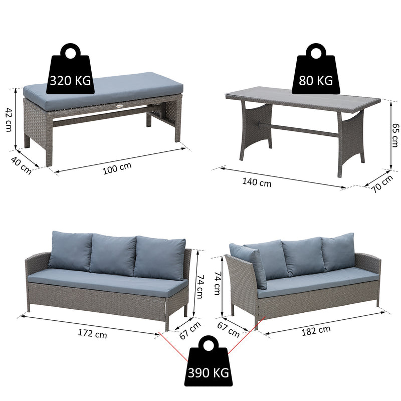 Conjunto de sofá Mesa e banco de vime para jardim Cinza