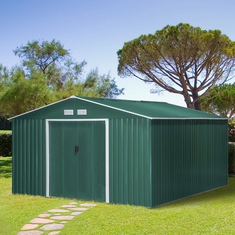 Abrigo de Jardim Metálico 340x386x200cm Abrigo de Exterior para Armazenamento de Ferramentas com Base Incluida 4 Janelas de Ventilação e Porta Corredeira Verde