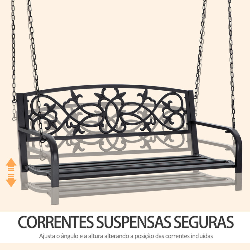 Banco Baloiço de 2 Lugares Banco Suspenso de Aço com Apoio para os Braços Carga Máx. 240kg para Jardim Varanda Exterior 127x59,5x52cm Preto