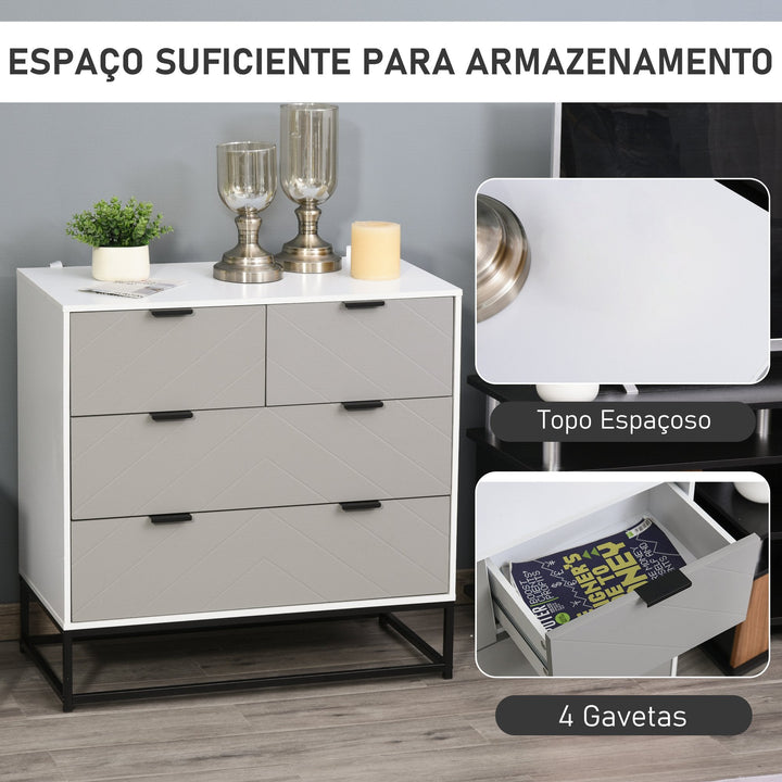Cômoda tipo aparador com 4 gavetas base elevada e desenho anti derrapante 80x40x79 cm Branco Cinzento e Preto