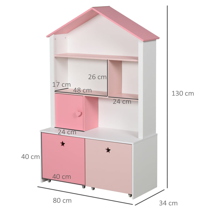 Estante de Madeira Infantil Estante de Livros para Crianças com 4 Compartimentos 1 Porta e 2 Gavetas Removíveis com Rodas para Livros Brinquedos 80x34x130cm Rosa e Branco