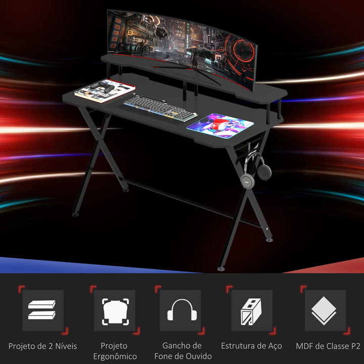 Mesa gaming para jogos secretária com suporte para monitor e fones de ouvido 140x60x90 cm Preto