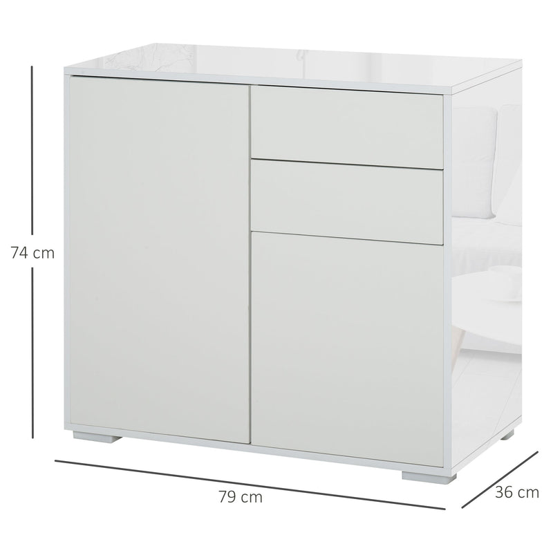 Aparador Auxiliar com 2 Portas 2 Gavetas e Prateleira Ajustável Abertura a Pressão Móvel Organizador de Armazenamento para Dormitório Sala de Estar 79x36x74cm Branco