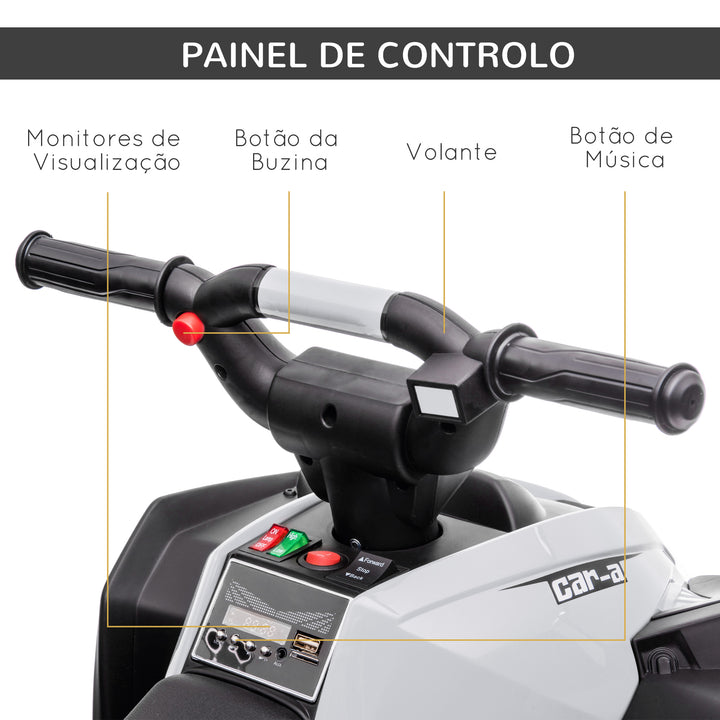 Quadriciclo Elétrico para Crianças de 3-5 Anos Veículo Eléctrico a Bateria 12V com 2 Motores Farol Música Velocidade Ajustável Avançar e Retroceder 83x53x55,5cm Branco