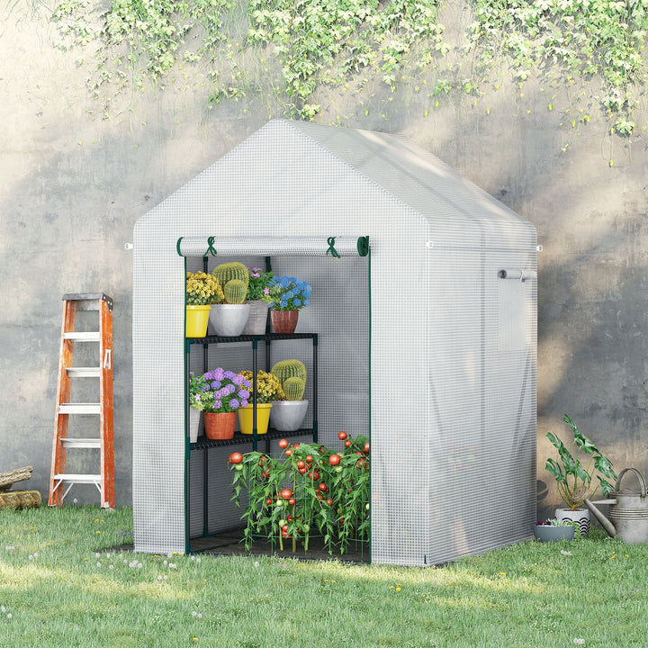 Estufa de Jardim 143x143x195cm Estufa de Aço com 2 Prateleiras Porta e 2 Janelas Enroláveis para Cultivo de Plantas Vasos de Flores Pátio Exterior Branco