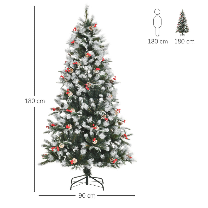 Árvore de Natal Artificial 180cm com 678 Ramas 53 Pinhas e 53 Frutinhas Folhas de PVC PE Base Dobrável e Suporte Metálico Decoração de Natal para Interiores Verde