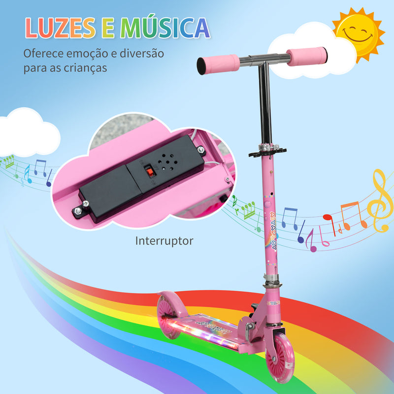 Trotinete para Crianças Dobrável Trotinete Infantil com Luzes e Música 4 Alturas Ajustável Rodas Brilhantes e Pedal LED para 3-7 Anos Carga 50 kg 67x32x65-78 cm Rosa