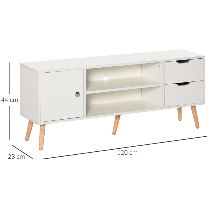 Armário de TV Grande armazenamento com armário prateleiras e gavetas abertas Carga 30 kg 120x28x44 cm Branco