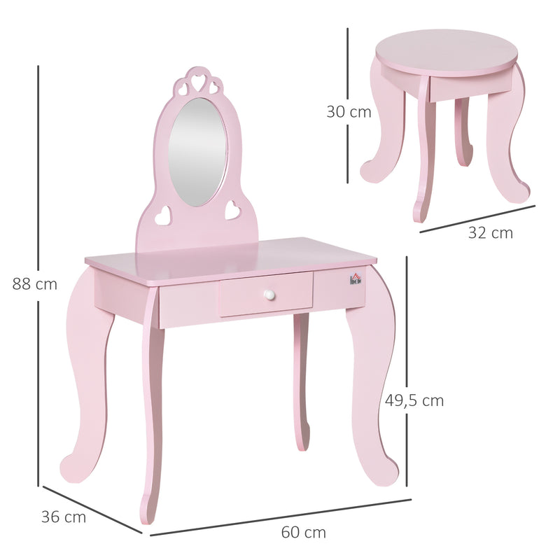 Toucador Infantil de Madeira para Crianças de 3-6 Anos com Banco e Espelho Estilo Princesa Mesa de Maquilhagem Infantil com Gaveta para Dormitório 60x36x88cm Rosa