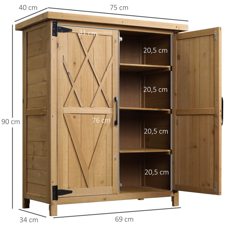 Armário de Madeira de Jardim 75x40x90cm 0,24m² para Armazenamento de Ferramentas com 2 Portas 4 Prateleiras e Teto Galvanizado para Exterior Terraço Natural