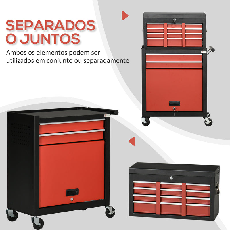 Carro de Ferramentas com Rodas 6 Gavetas Armário de Armazenamento com Fechadura e Alça Lateral Carga Máxima 150kg 70x33x108cm Preto e Vermelho