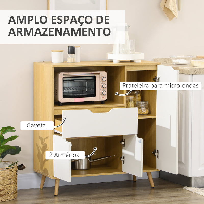 Aparador Auxiliar para Micro-Ondas Armário de Cozinha Moderno com Gaveta 3 Portas e Compartimento Aparador Buffet para Sala de Jantar 90x40x98,5 cm Branco