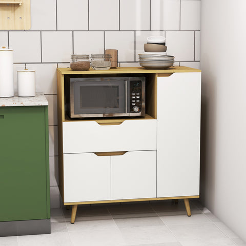 Aparador Auxiliar para Micro-Ondas Armário de Cozinha Moderno com Gaveta 3 Portas e Compartimento Aparador Buffet para Sala de Jantar 90x40x98,5 cm Branco