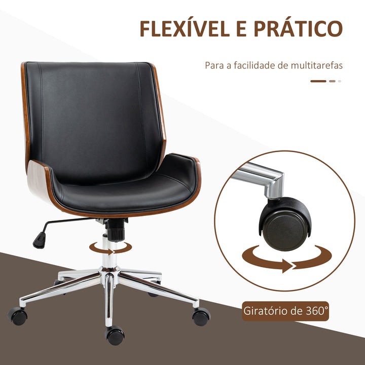 Cadeira de Escritório Giratória Cadeira de Escritório de PU com Altura Ajustável Função Inclinação e Rodas para Sala de Estar Dormitório Estúdio Carga Máxima 120kg 51x65,5x82-92cm Preto