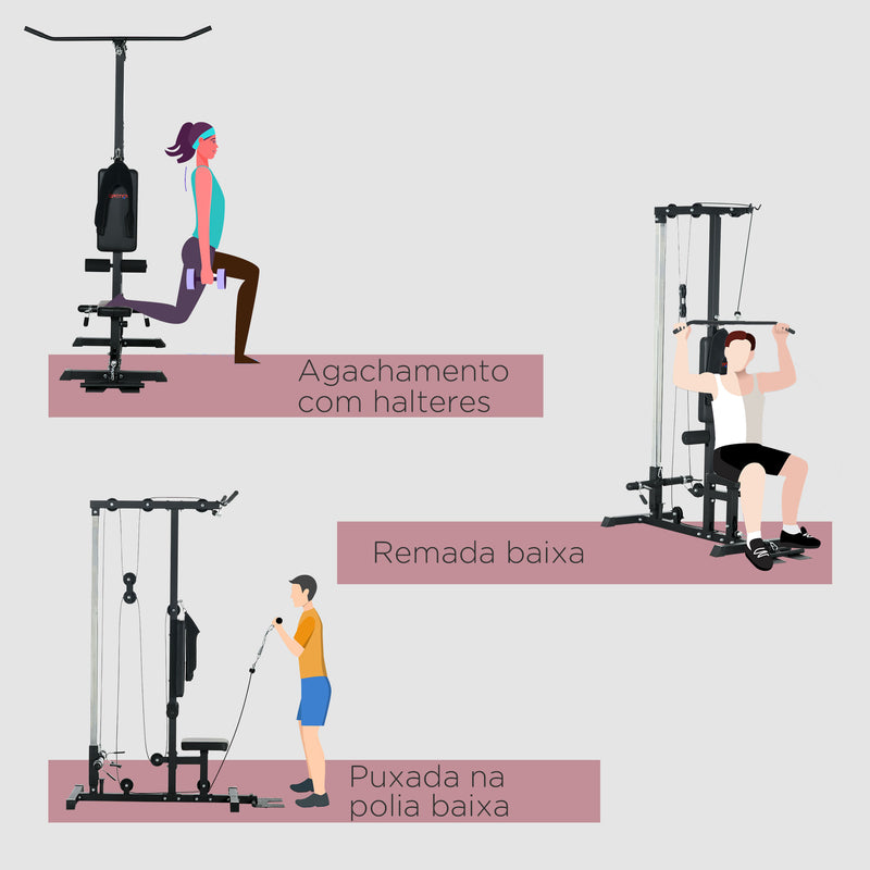 Máquina de Musculação Estação de Treino com Assento Ajustável para Treino em Ginásio Casa Escritório Carga Máxima 100 kg 140x108x197 cm Preto