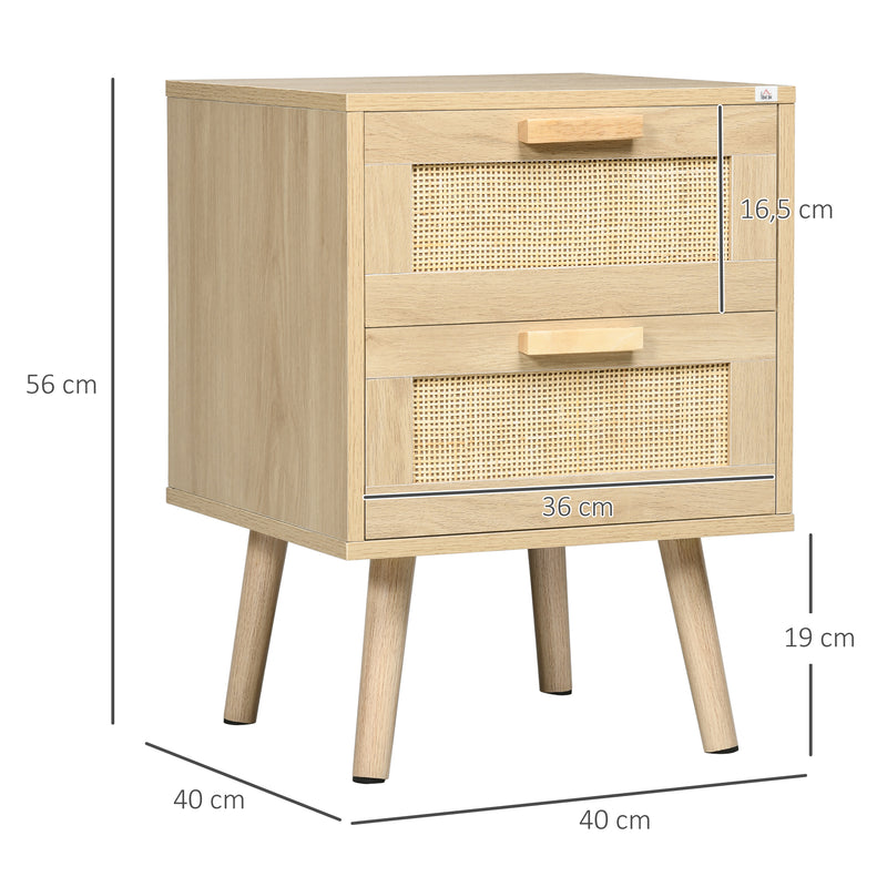 Mesa de Cabeceira com Desenho Boémio Mesa de Cabeceira com 2 Gavetas e Pés de Madeira para Sala de Estar Dormitório 40x40x56 cm Madeira