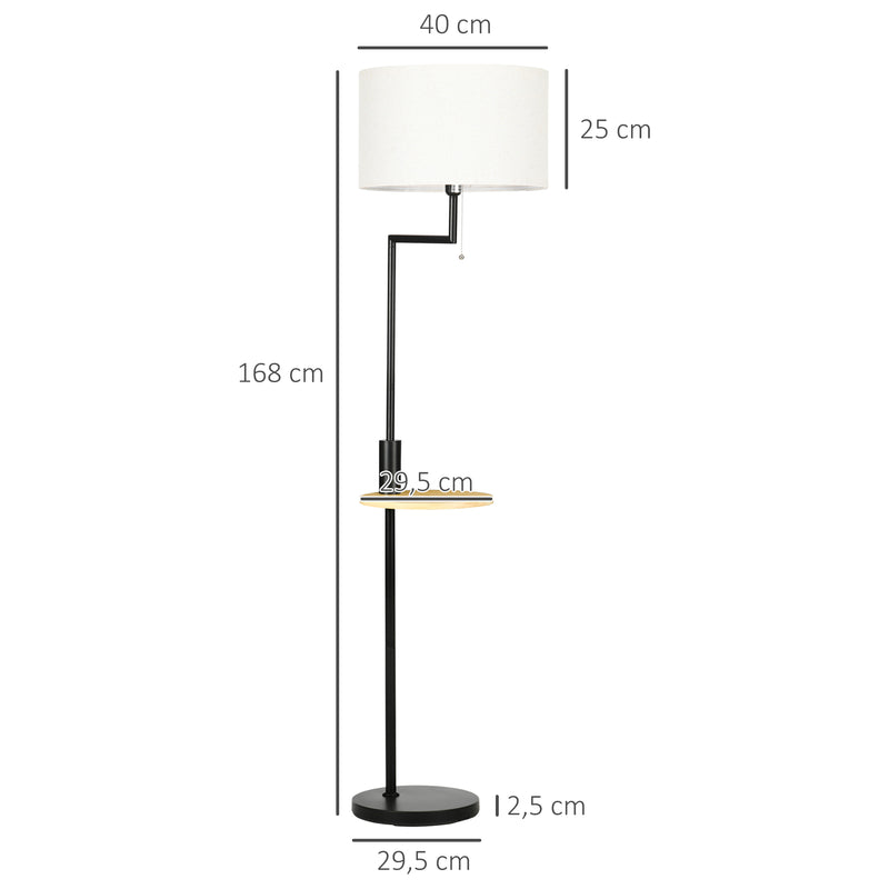 Candeeiro de Pé com Mesa Auxiliar Candeeiro com Prateleira Lâmpada E27 Máx. 40W com Ecrã de Linho Interruptor de Corrente e Carregador USB para Sala de Estar Ø40x168cm Preto e Madeira