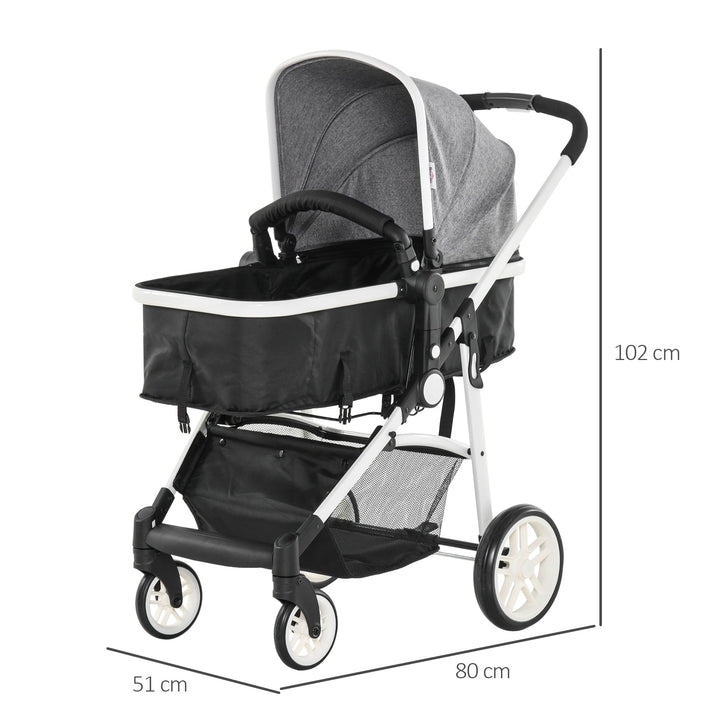 Carrinho de Bebé 2 em 1 Carrinho de Passeio e Alcofa para Crianças de 0 a 36 Meses com Capota Dobrável Encosto Inclinável Cesta Grande Alavanca de Freio Carga 15kg 80x51x102cm Cinza