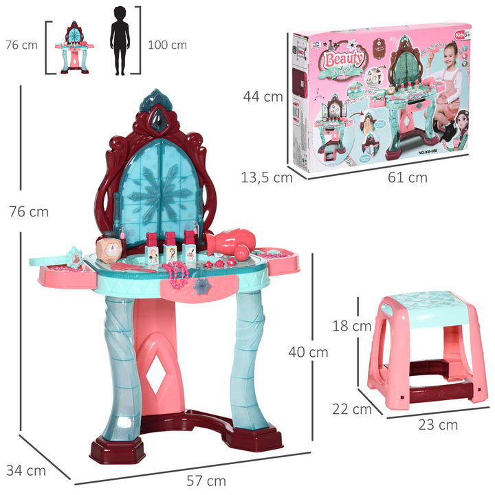 Toucador Infantil para Crianças acima de 3 Anos com Banco Espelho Luz Música e Secador Inclui 31 Acessórios Toucador de Maquilhagem 57x34x73cm Multicor